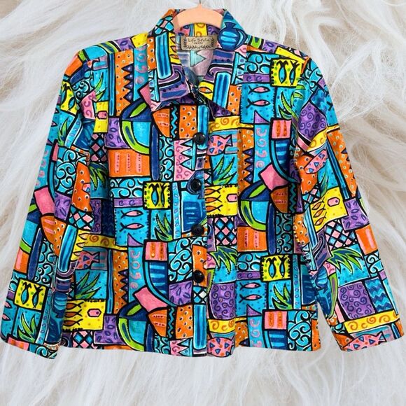 Life Style Jackets & Blazers - VTG Life Style Jacket Women Medium Buttons Sequins Beaded Artsy Abstract Coat